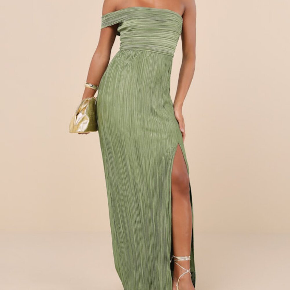 Lulus Poised Performance Olive Green Plisse One-shoulder Maxi Dress - Size S